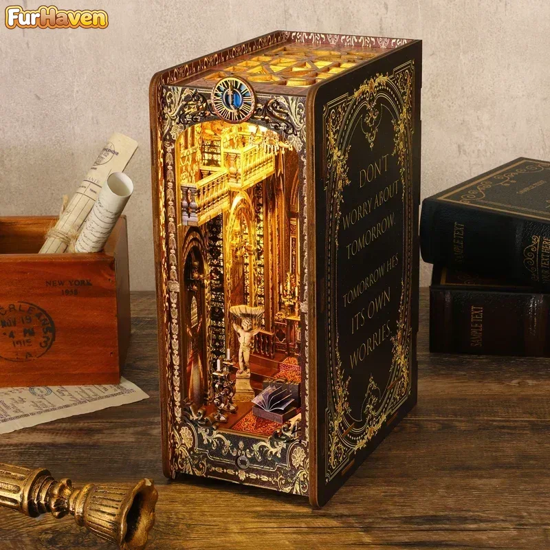 Diy Wooden Book Nook Kit Shelf Insert - DIY木製ブックヌック棚インサートキット、ミニチュア聖堂ブックエンド、ドールハウス本棚、手作り工芸品ギフト、家の装飾