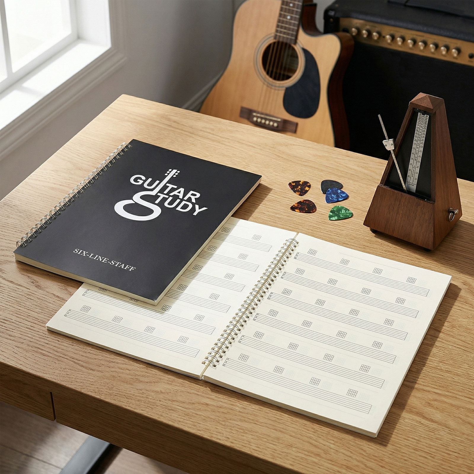 ギター譜面ノート2冊セット。無地の楽譜用紙、6弦譜面用紙、作 - Blank Sheet Music Notebook のレビューと価格